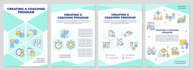 Fototapeta na wymiar Creating coaching program mint brochure template. Leaflet design with linear icons. Editable 4 vector layouts for presentation, annual reports. Arial-Black, Myriad Pro-Regular fonts used