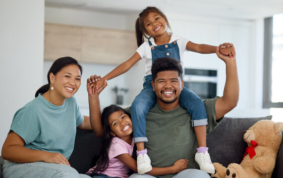 Relax, Portrait And Happy Family In New Zealand Love To Enjoy The Weekend, Quality Time And Having Fun Together. Happiness, Children And Sisters Smiling With A Proud Mom And Playful Father At Home