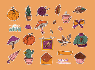 Set of cute vector autumn stickers for daily planner.Cozy home.Collection of scrapbooking elements:pumpkin,sweater,candle,falling leaves,mushroom.Concept for seasonal poster,card.Doodle icons pack