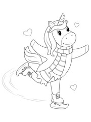 Unicorn is skating. Isolated animal. Children coloring book, illustration.