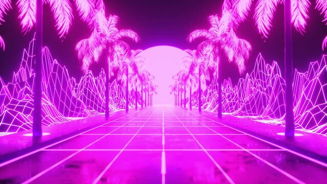 An 80s retro-futuristic sci-fi sunset with low-poly neon terrain and palm trees.