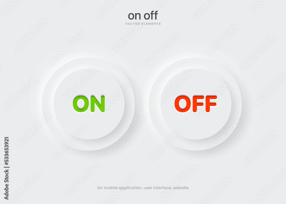 Poster 3D Neumorphism on off icon push button symbol, soft white slider bars, active unlock and lock power badges, user interface switch panels.