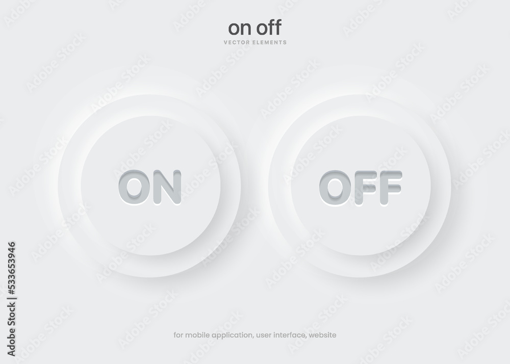 Aufkleber 3D Neumorphism on off icon push button symbol, soft white slider bars, active unlock and lock power badges, user interface switch panels.