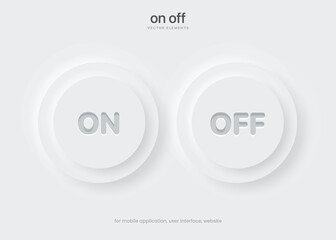 Naklejka premium 3D Neumorphism on off icon push button symbol, soft white slider bars, active unlock and lock power badges, user interface switch panels.