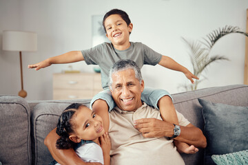 Grandkids, grandpa and play together in living room for love, care and relax in family home. Portrait of happy children, smile senior grandparent and bonding, laughing and enjoying funny quality time - obrazy, fototapety, plakaty