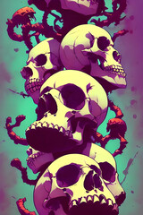 halloween poster background with a pile of skulls - hard shadows and vibrant colors in an american comic cover style - illustration - drawing