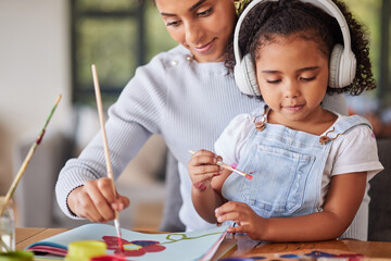 Mother, girl and bonding in painting activity with music headphones, radio or audio for autism...