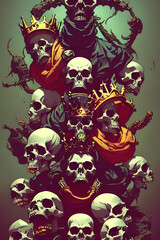 king of the skeleton comic poster background with a pile of skulls - hard shadows and vibrant colors in an american comic cover style - illustration - drawing