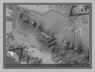 Alajuela, Costa Rica. Grayscale. Labelled points of cities