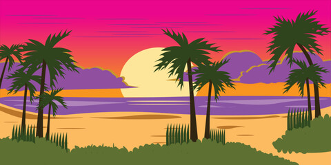 Fototapeta na wymiar Sunset Ocean Tropical resort landscape panorama. Sea shore beach, sun,coastline, clouds, sky, summer vacation. Vector illustration cartoon style