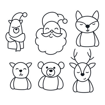 Set christmas characters doodle style. Bear, santa claus, fox, cat, deer contour image clipart. Simple stroke vector illustration