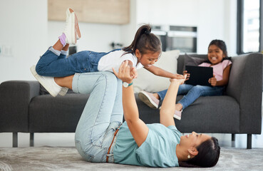 Fototapeta na wymiar Family flying, helicopter game and mother being funny with children in house living room, care on the floor and smile for love in the lounge of home. Happy girl playing with her mom together