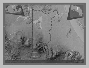 Heredia, Costa Rica. Grayscale. Labelled points of cities