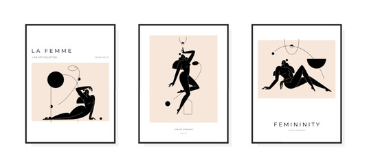 Trendy contemporary poster collection. Minimal female silhouette Abstract woman body feminine geometric composition. Beauty, Femininity concept, prints set for wall art decoration. Vector illustration