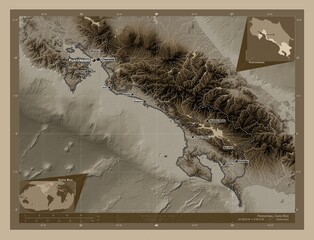 Puntarenas, Costa Rica. Sepia. Labelled points of cities