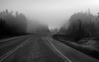 Early autumn morning fog on Highway 60 in Algonquin Park, Canada