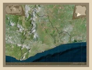 Bas-Sassandra, Cote d'Ivoire. High-res satellite. Labelled points of cities