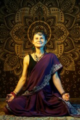 Portrait of a calm european fitness woman in Indian sari resting while sitting in a cross-legged lotus position and meditating