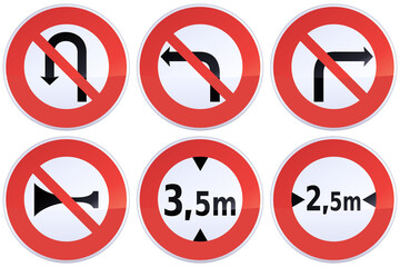 Black, white and red road prohibition signs prohibiting right and left turns, U-turns, honking and prohibition of vehicles of a height and width (metal reflection)