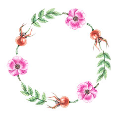 Watercolor rosehip wreath on a white background