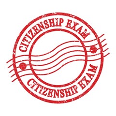 CITIZENSHIP EXAM, text written on red postal stamp.