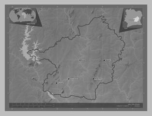 Lacs, Cote d'Ivoire. Grayscale. Labelled points of cities