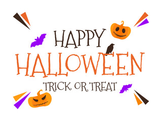 Happy Halloween text banner with pumpkins and bats. The crow sits on the letter. Happy Halloween lettering on white background. Design for banners and posters. Vector illustration