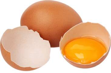 Brown raw eggs and one broken isolated on white background, close up