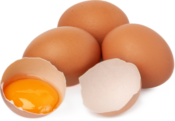 Brown raw eggs and one broken isolated on white background, close up