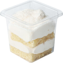 Cream dessert in plastic box isolated on white background, close up