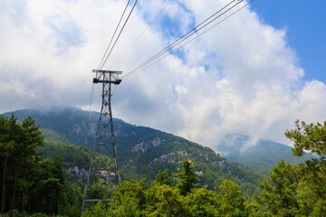 Cableway in the mountains, selective focus. Background with copy space