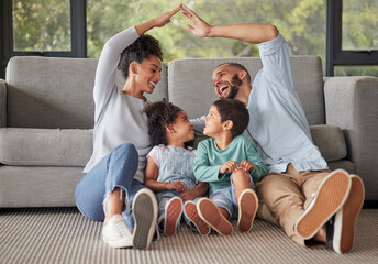 Family, children and insurance with a mother and father covering their kids with a roof for safety,...