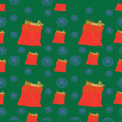 Pattern bag with padars on a green background with snowflakes. for wrapping paper. Vector.