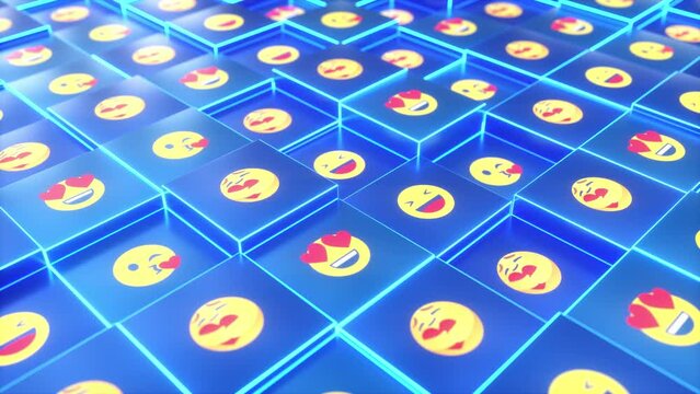 This stock motion graphics video shows a 3D tiles movement with emojis texture a seamless loop.