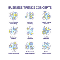 Business trends concept icons set. Popular services and products. Digitalization idea thin line color illustrations. Isolated symbols. Editable stroke. Roboto-Medium, Myriad Pro-Bold fonts used