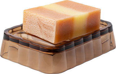 New soap on a dish isolated on white background, close up