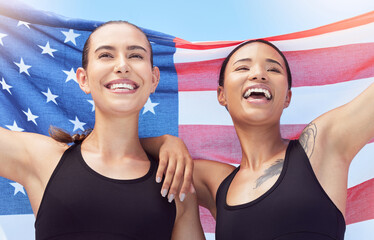 USA flag, sports winner and women winning race at sport stadium, happy with teamwork in marathon...