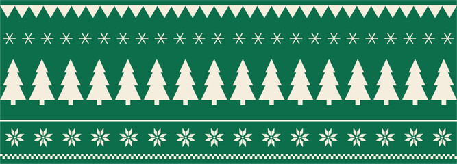 Christmas and New Year seamless pattern. Flat knitting pattern, Fair Isle in red and white with Scandinavian snowflakes and Christmas trees for winter hat, sweater, jumper, paper or other designs.