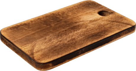 Dark wooden cutting board on white background, close up