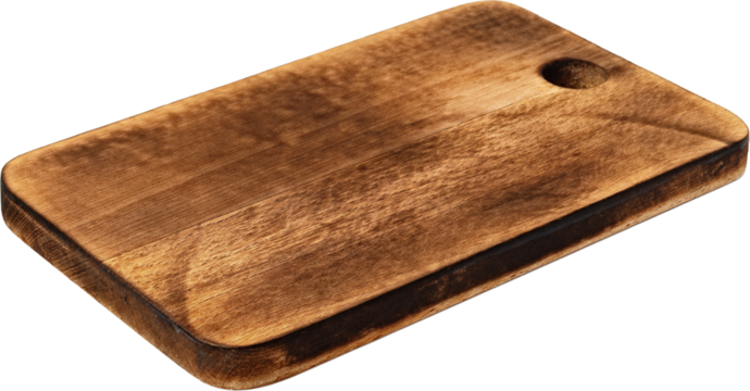 Dark wooden cutting board on white background, close up