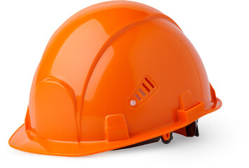 Orange plastic safety helmet isolated on white background, close up