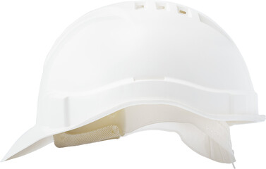 White plastic safety hardhat isolated on white background, close up