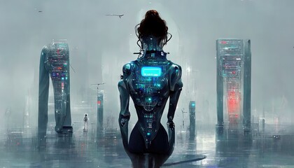 Fototapeta Woman cyborg or robot with AI knelt down on futuristic platform in cyberspace. artificial intelligence in image anthropomorphic cybernetical mechanical wise Female art obraz