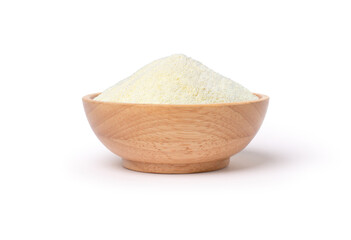 Collagen powder in wooden bowl isolated on white background.