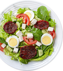 Green salad with lettuce, arugula, cucumber, cheese, sun-dried tomatoes and boiled egg.