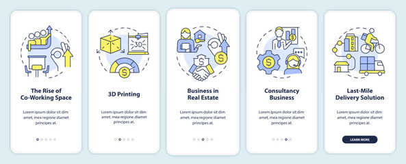 Future business trends onboarding mobile app screen. Walkthrough 5 steps editable graphic instructions with linear concepts. UI, UX, GUI template. Myriad Pro-Bold, Regular fonts used