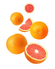 Grapefruit with half slice levitate isolated on white background.