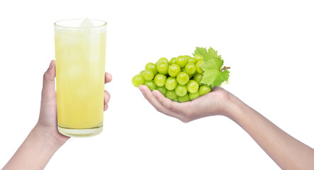 Woman hand holding glass of green grape juice and fresh bunch of muscat grapes isolated on white background.