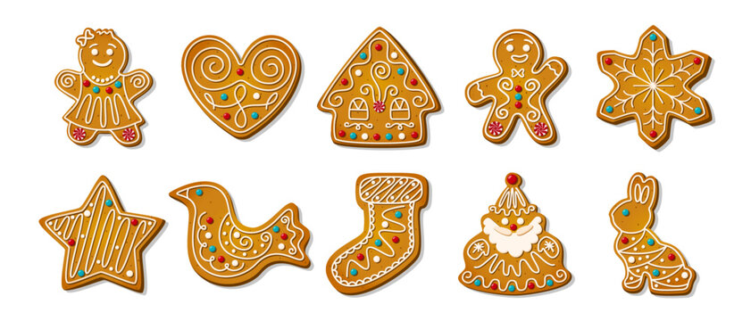 Christmas gingerbread cookies. Winter homemade xmas sweets in shape of house and gingerbread man, star and snowflake, santa and heart, bird and rabbit and sock. Cartoon Vector illustration