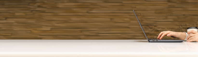 Working From Cafe Mockup, Hands on Laptop, Blank Paper Coffee Cup, Remote Work Concept